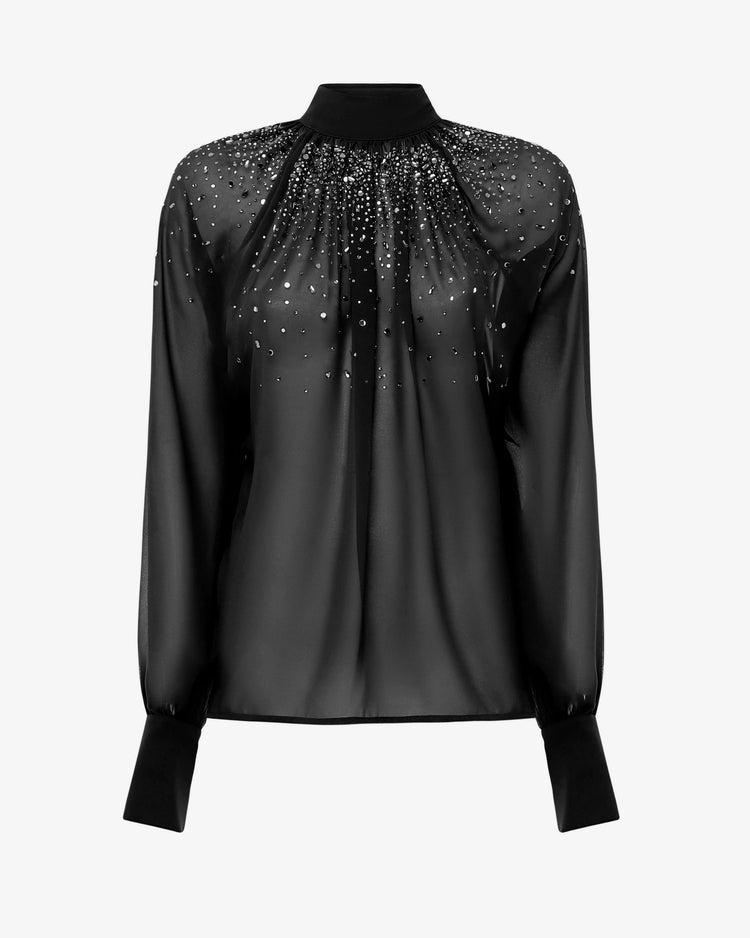 Blusa in georgette collo alto con applicazioni in strass
