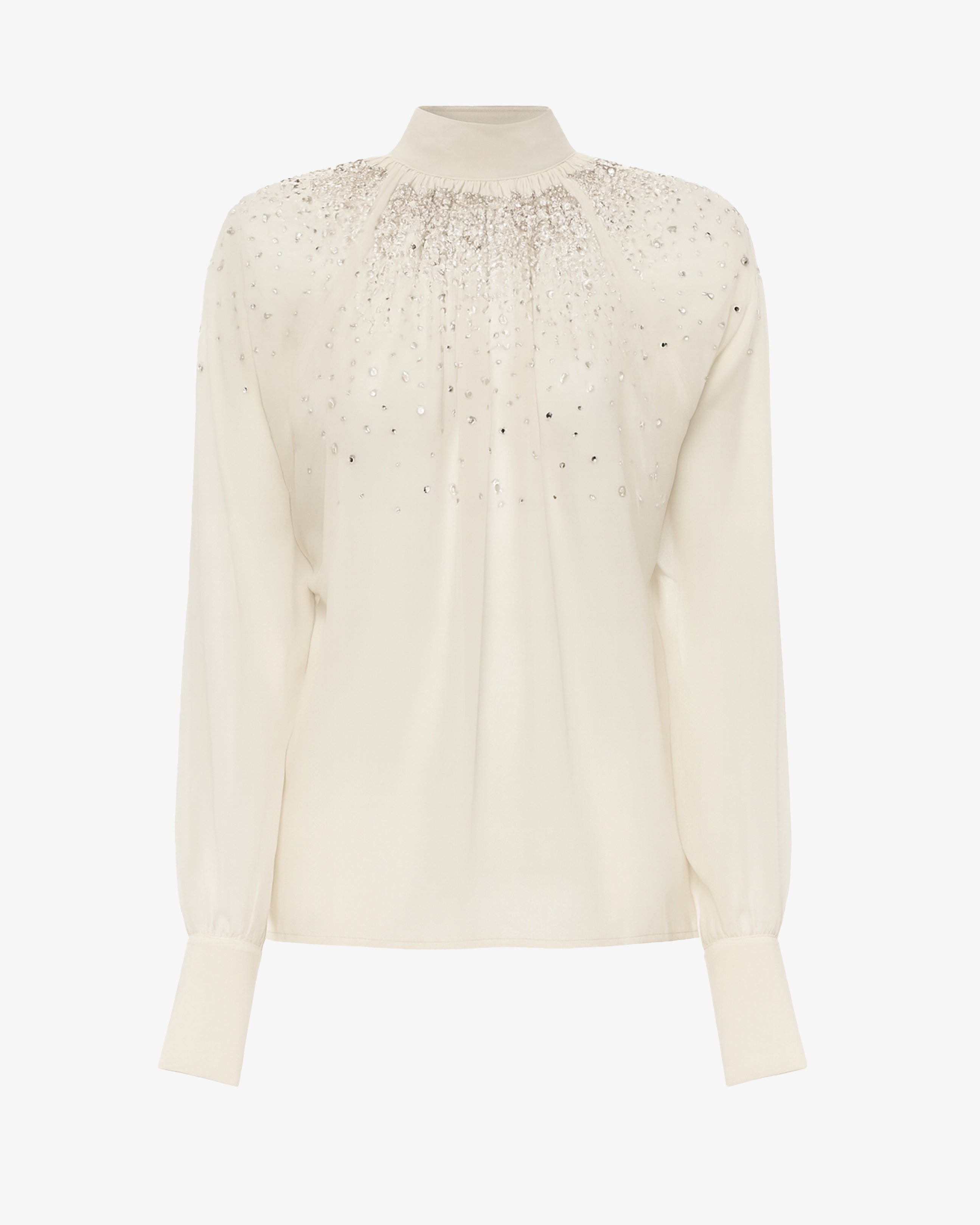 Blusa in georgette collo alto con applicazioni in strass