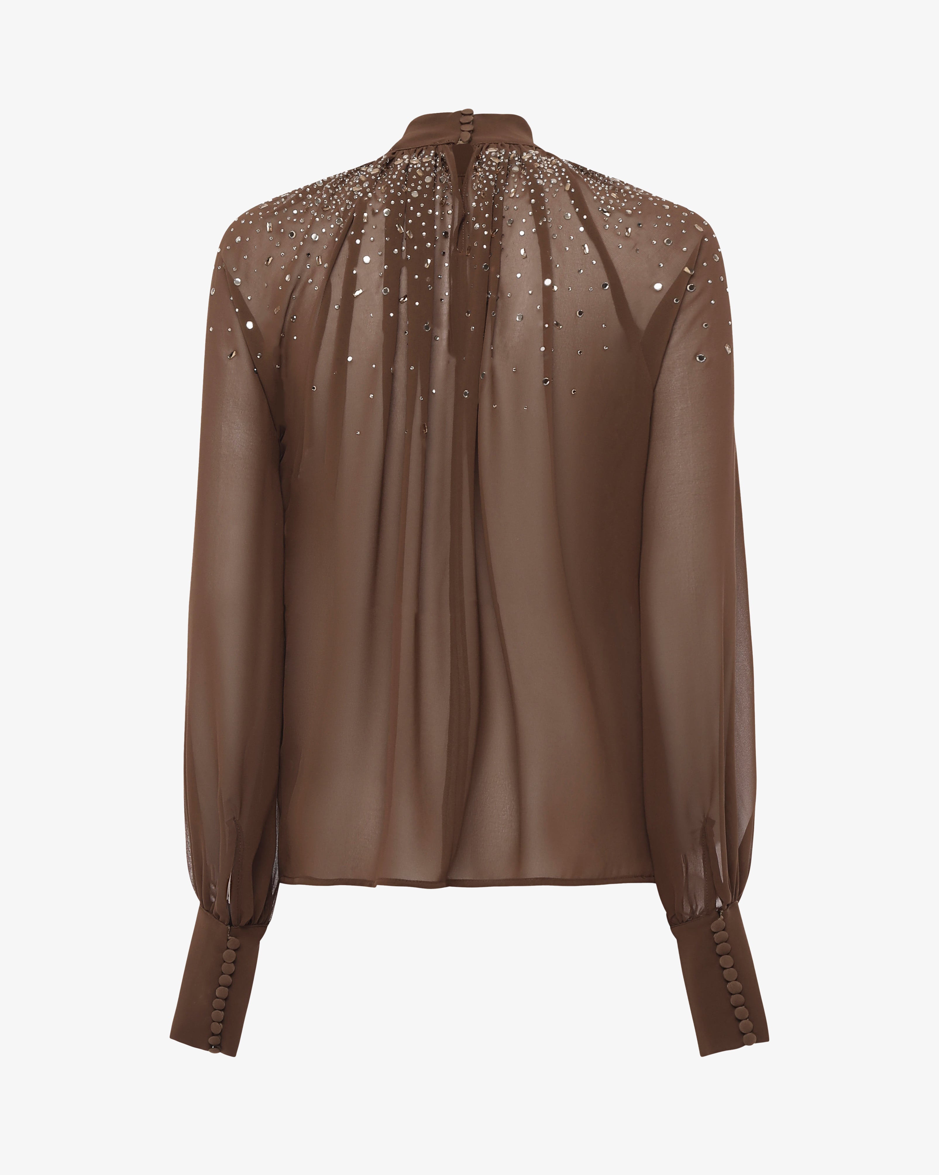 Blusa in georgette collo alto con applicazioni in strass