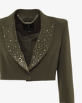 Giacca cropped in crêpe con revers in strass