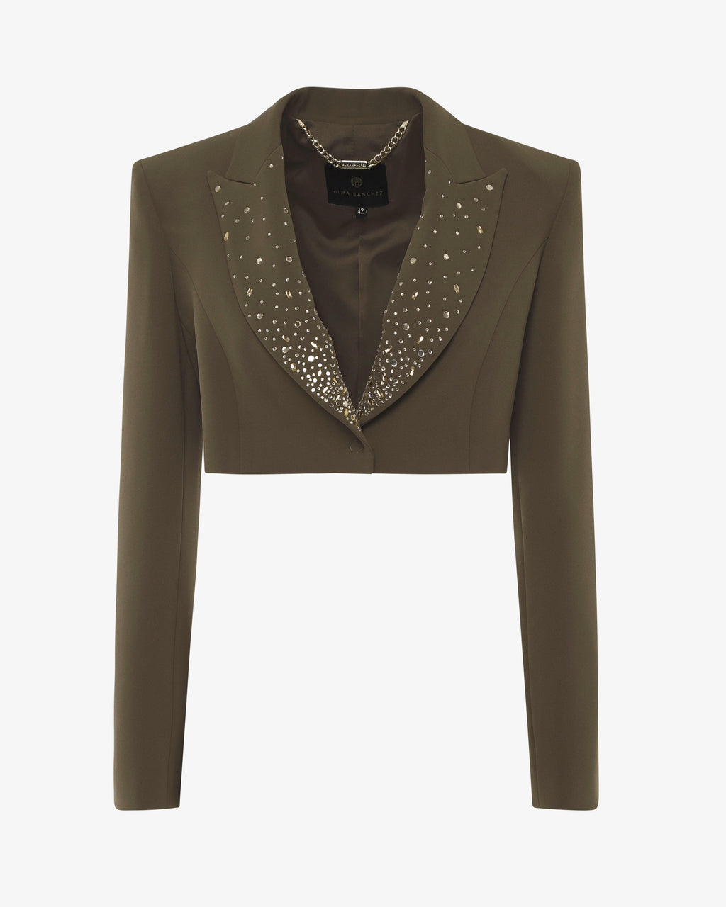 Giacca cropped in crêpe con revers in strass