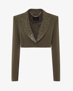 Giacca cropped in crêpe con revers in strass
