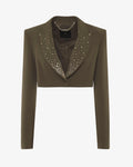 Giacca cropped in crêpe con revers in strass