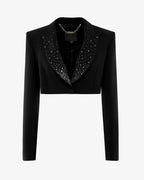 Giacca cropped in crêpe con revers in strass