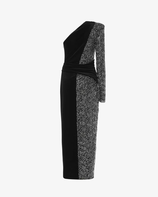 Abito midi monospalla in velluto e pailettes