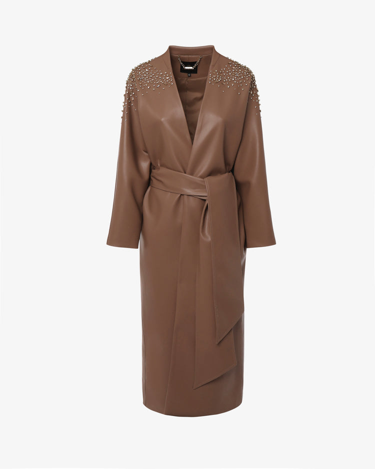 Cappotto lungo in ecopelle con fusciacca e ricami swarovski