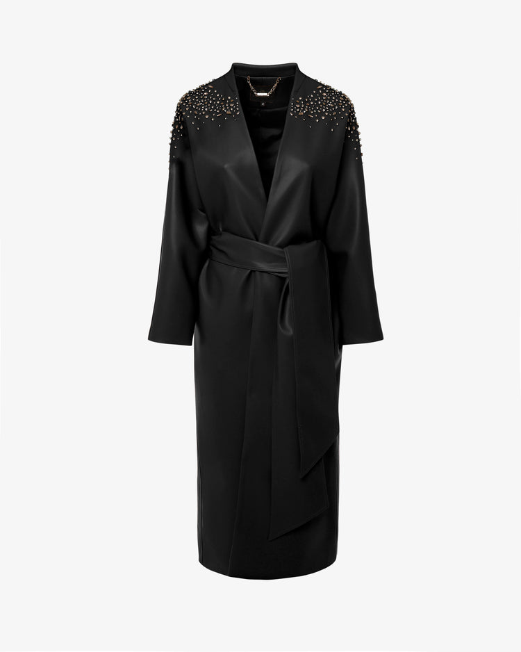 Cappotto lungo in ecopelle con fusciacca e ricami swarovski