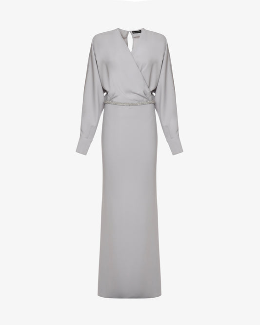 Abito lungo in tessuto fluido scollo incrociato e dettaglio gioiello