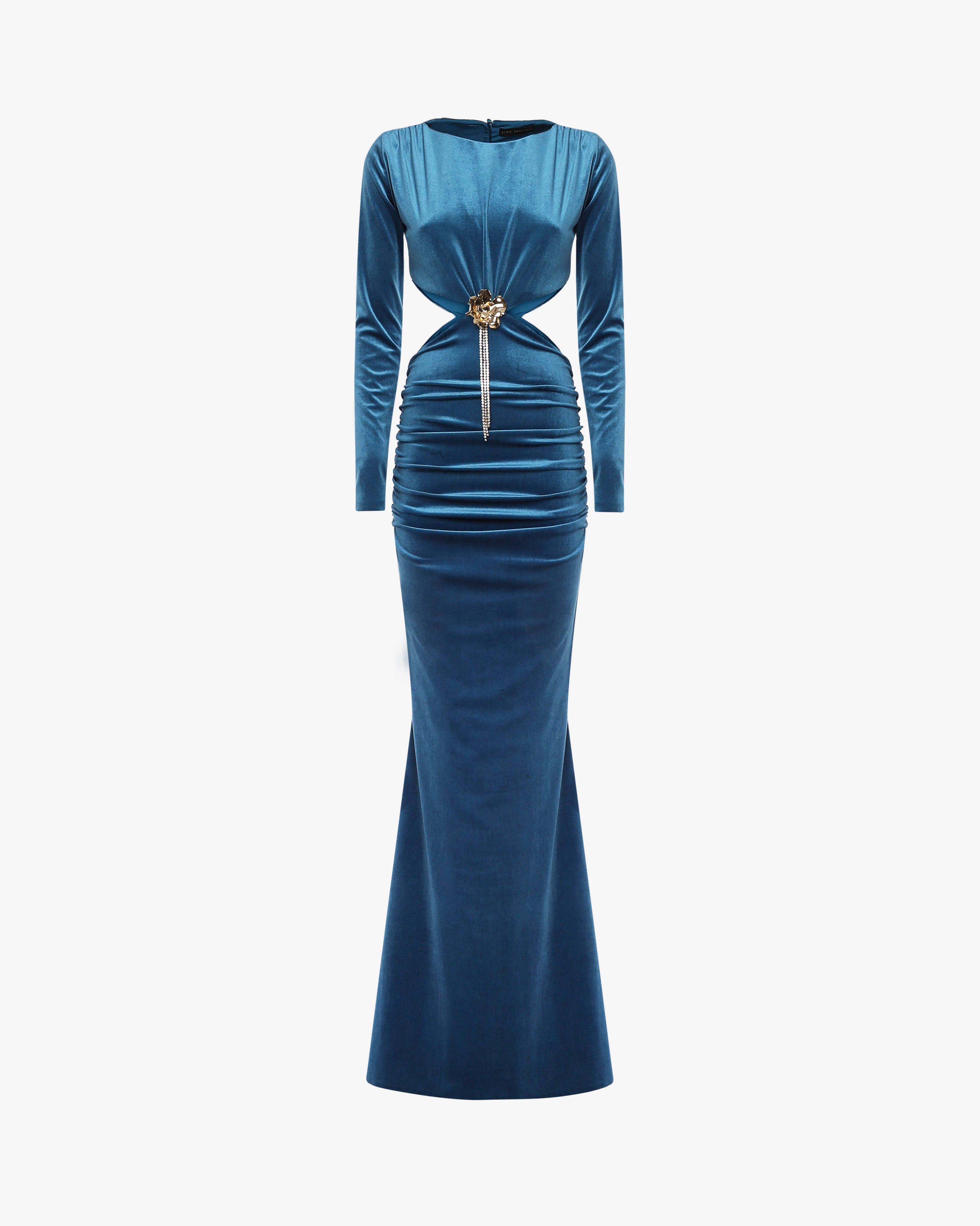 Abito lungo in velluto con cut out e decorazione metallica