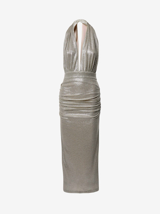 Abito midi in jersey metallizzato con scollo infinity