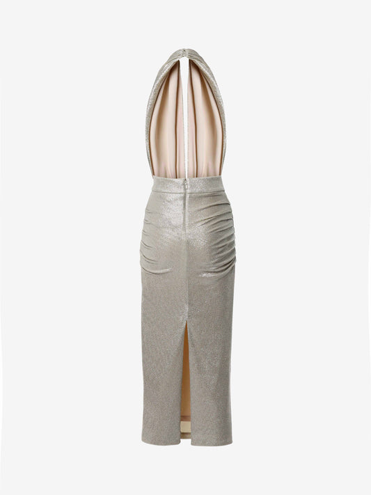 Abito midi in jersey metallizzato con scollo infinity