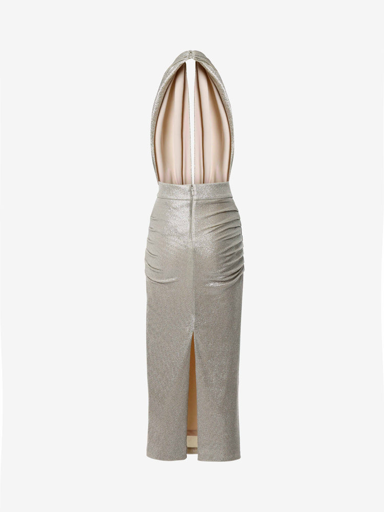 Abito midi in jersey metallizzato con scollo infinity
