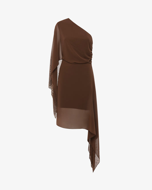 Abito midi monospalla in chiffon e strass