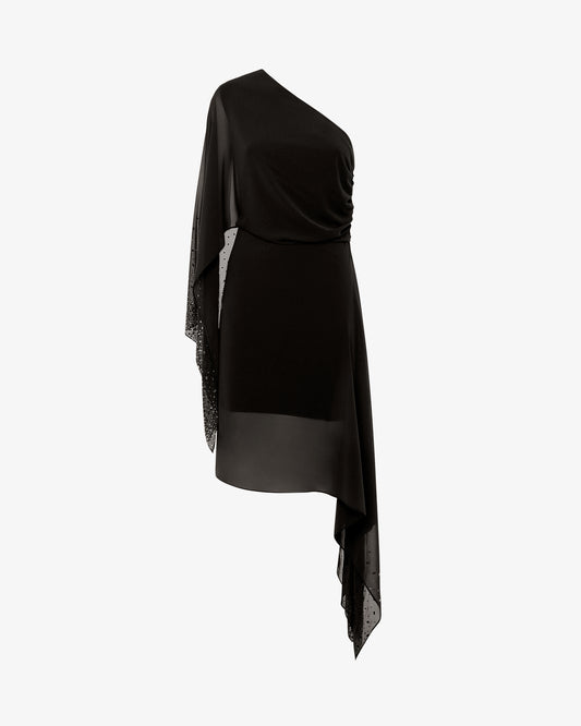 Abito midi monospalla in chiffon e strass