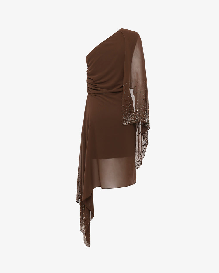 Abito midi monospalla in chiffon e strass