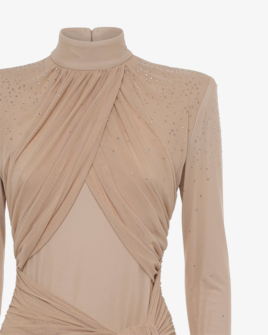 Abito midi accollato con drappeggi e strass