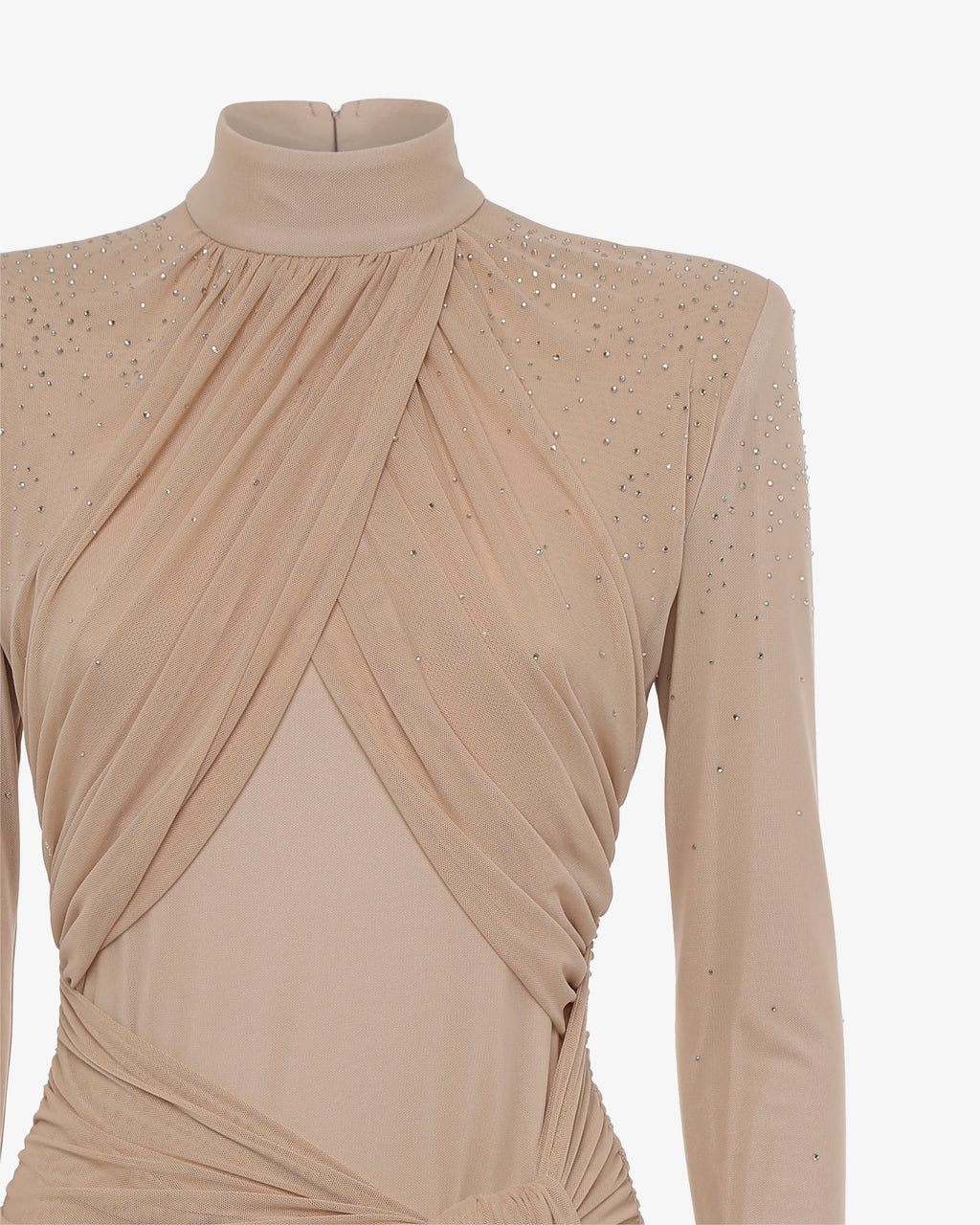 Abito midi accollato con drappeggi e strass