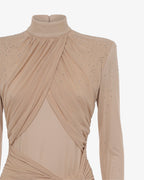 Abito midi accollato con drappeggi e strass
