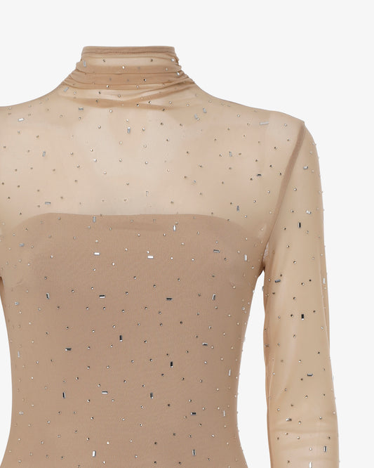 Abito lungo accollato in rete con applicazioni strass