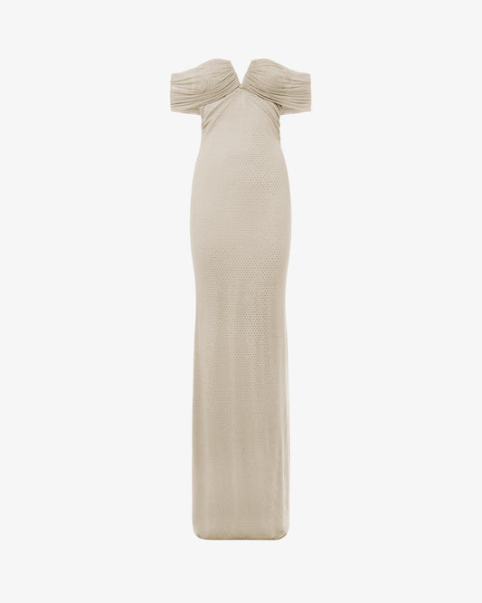 Abito lungo con scollo a cuore e spalla scoperta in mesh e applicazioni strass