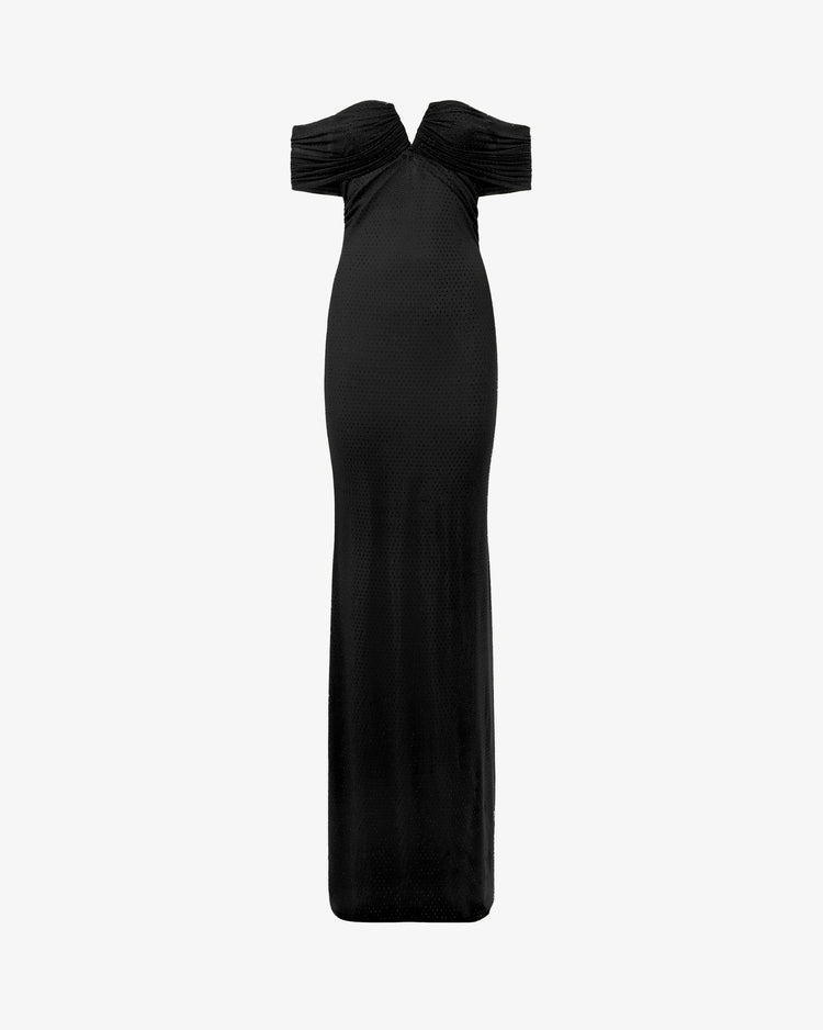 Abito lungo con scollo a cuore e spalla scoperta in mesh e applicazioni strass