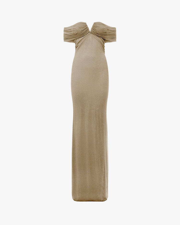 Abito lungo con scollo a cuore e spalla scoperta in mesh e applicazioni strass