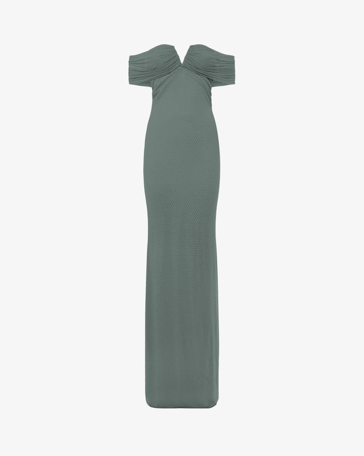 Abito lungo con scollo a cuore e spalla scoperta in mesh e applicazioni strass