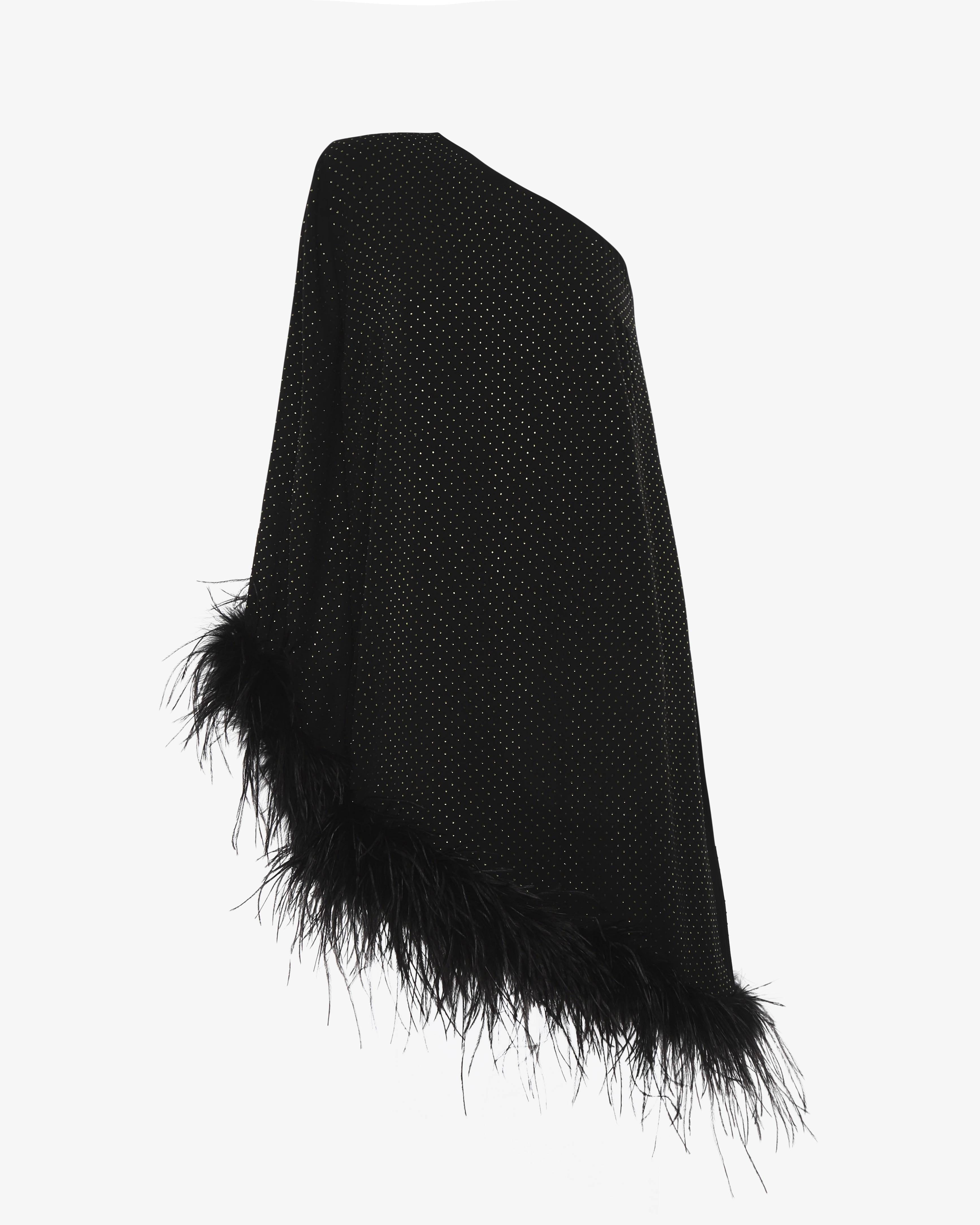 Abito monospalla con piume