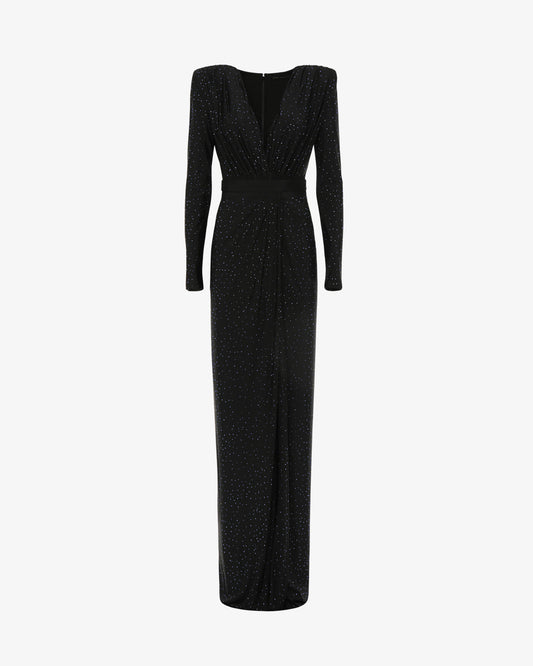 Abito lungo scollo profondo in jersey con applicazioni strass