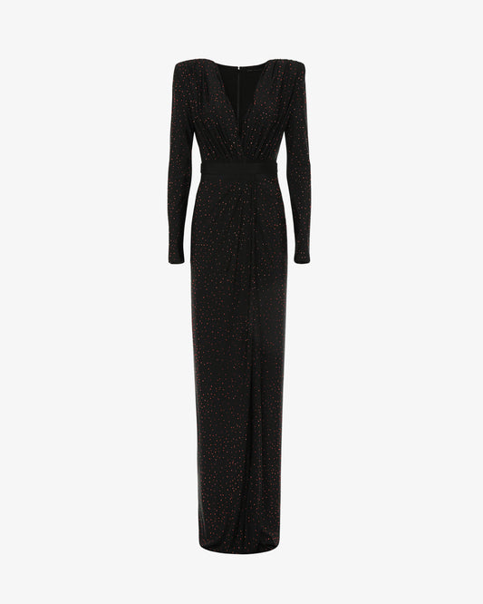 Abito lungo scollo profondo in jersey con applicazioni strass