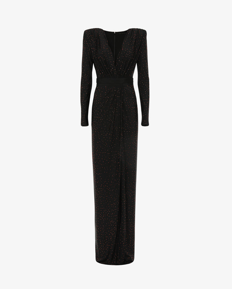 Abito lungo scollo profondo in jersey con applicazioni strass