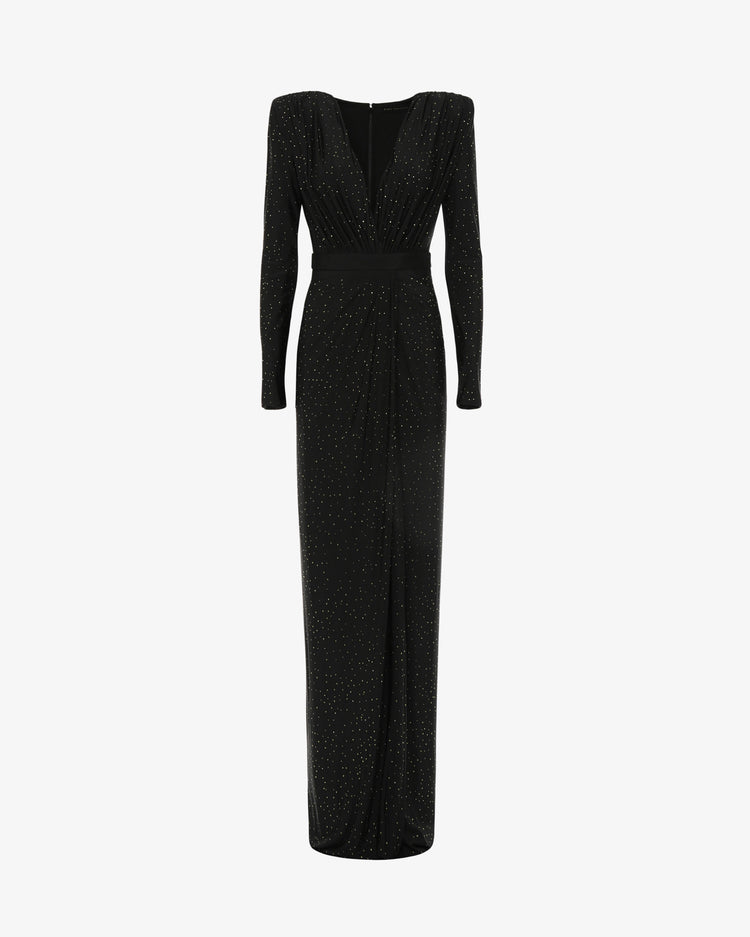 Abito lungo scollo profondo in jersey con applicazioni strass