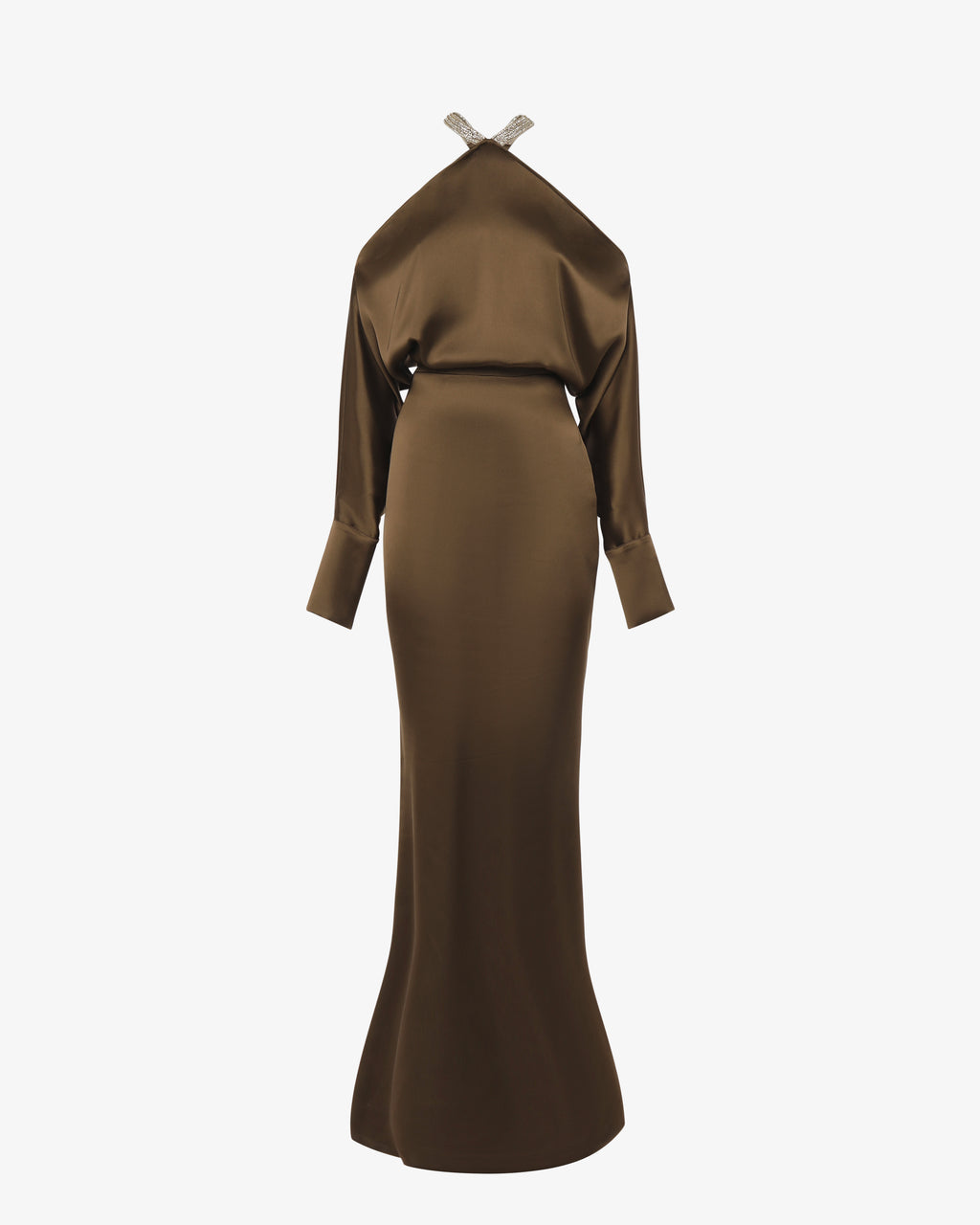 Abito lungo in satin con allacciatura gioiello