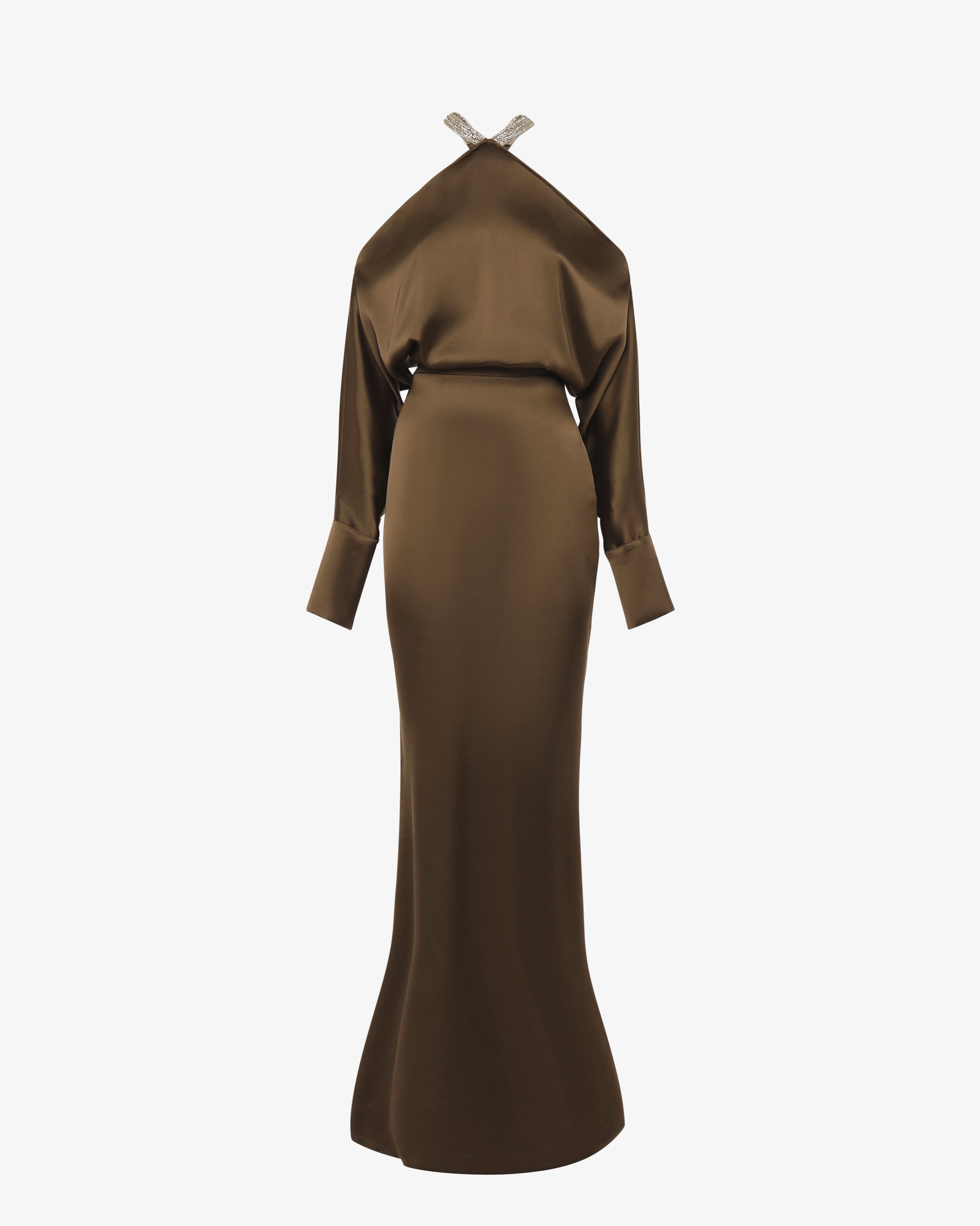 Abito lungo in satin con allacciatura gioiello