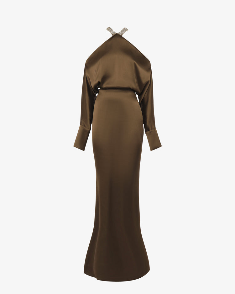 Abito lungo in satin con allacciatura gioiello