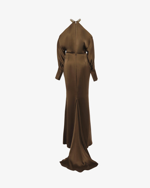 Abito lungo in satin con allacciatura gioiello