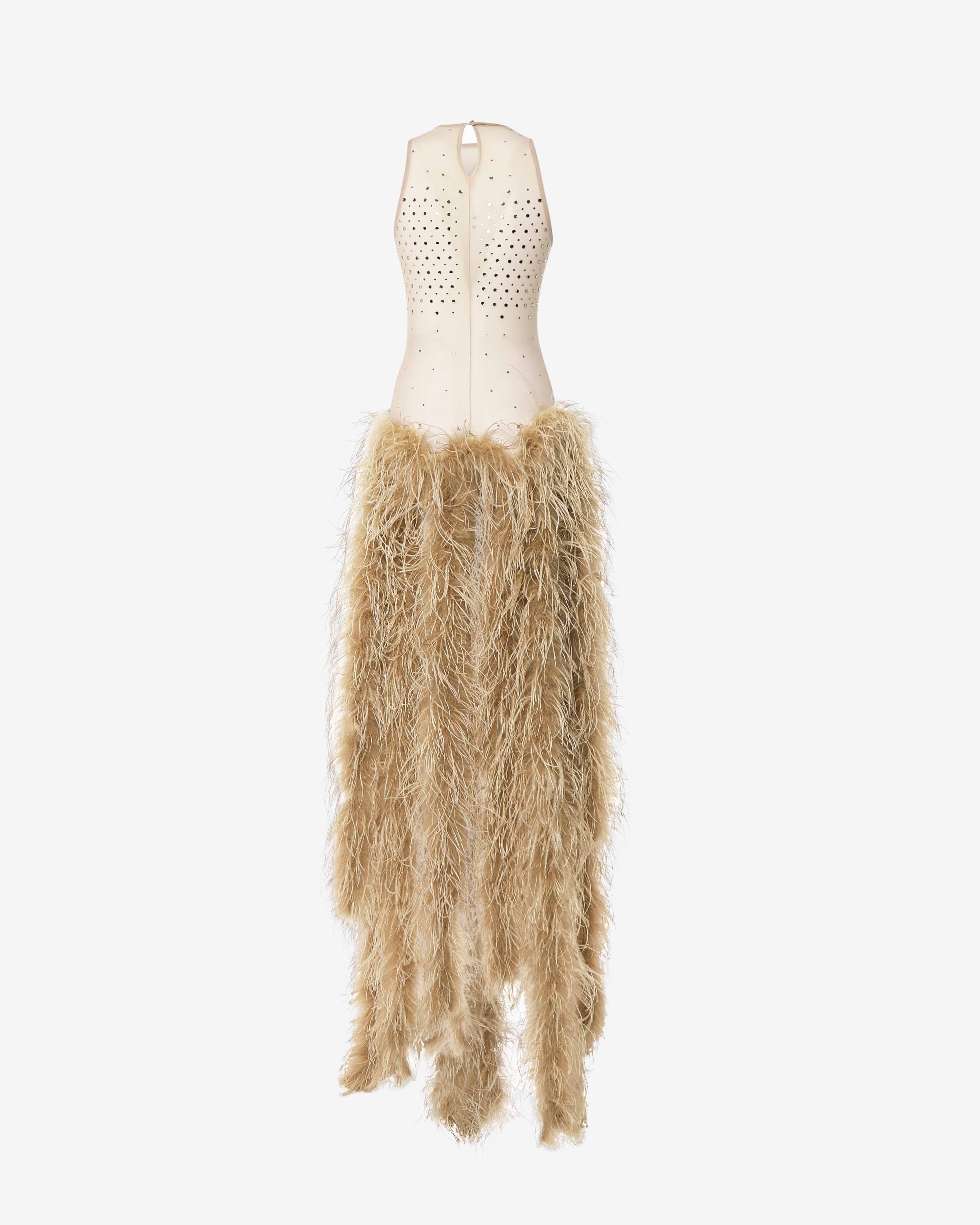 Body con corpetto in rete e strass e dettagli in piume