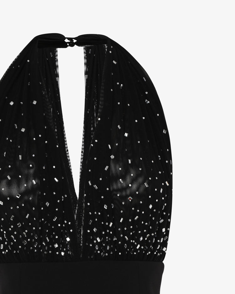 Tuta elegante in tessuto tecnico conbustino alto e corpetto di strass