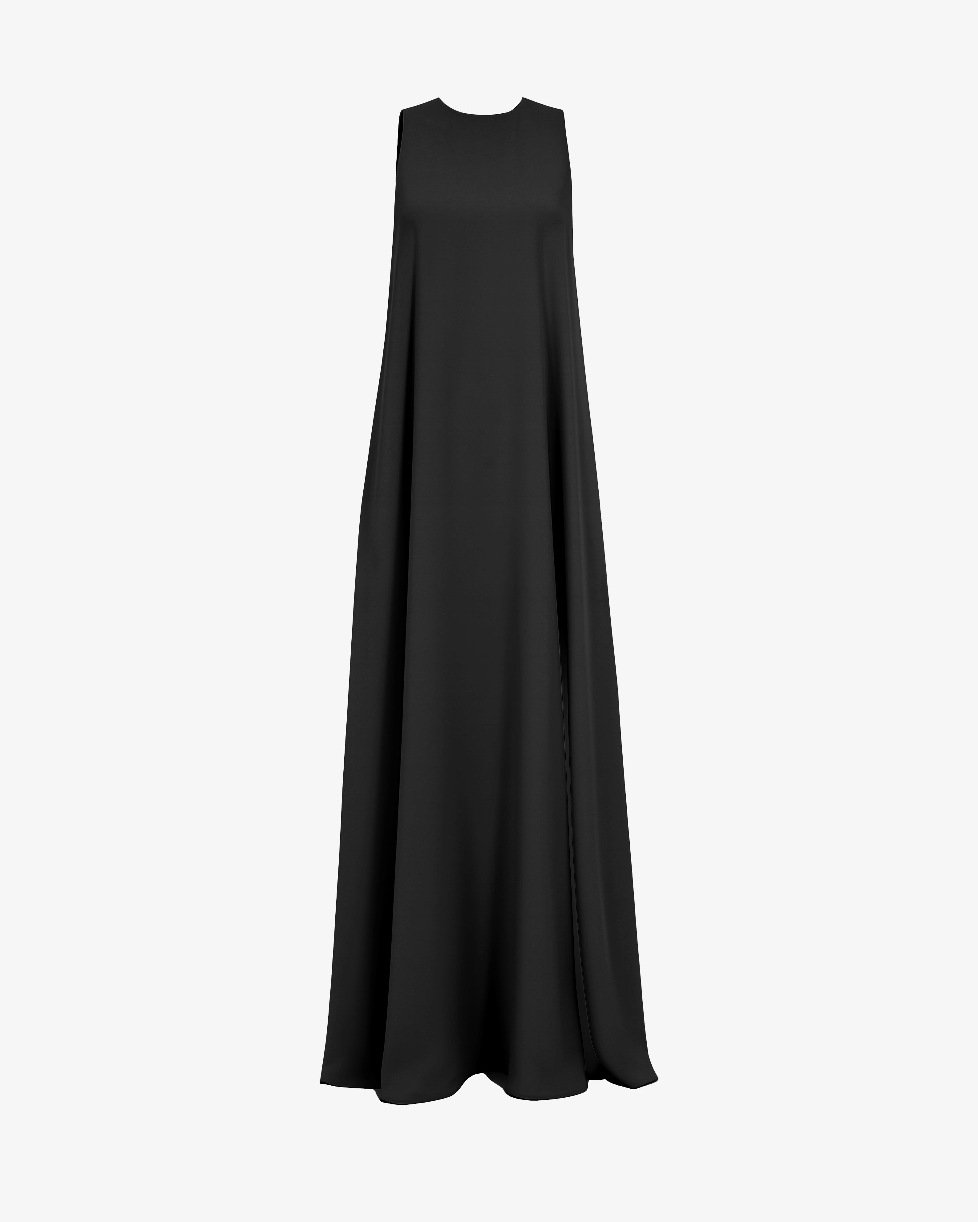 Abito lungo in georgette svasato con accessorio gioiello schiena