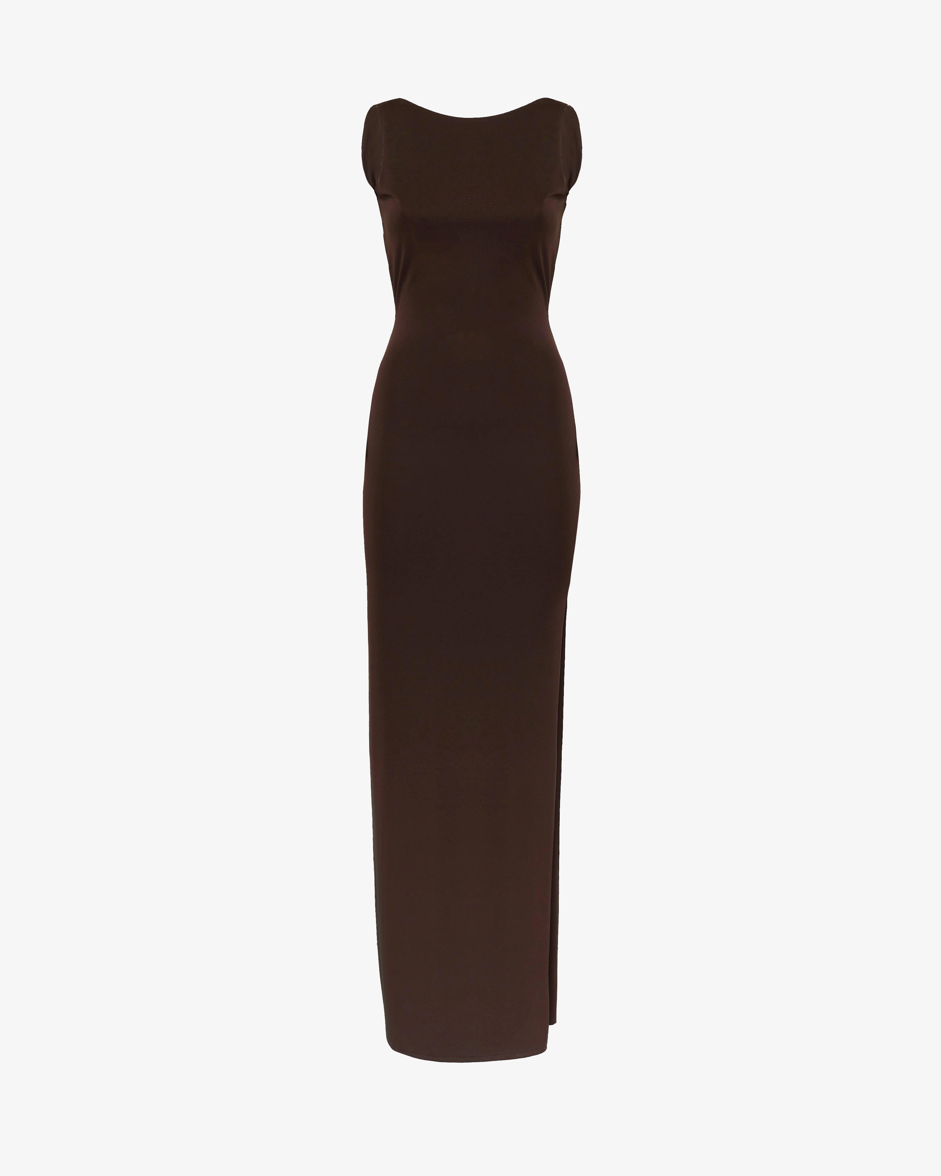 Abito lungo a tubino con accessorio gioiello schiena