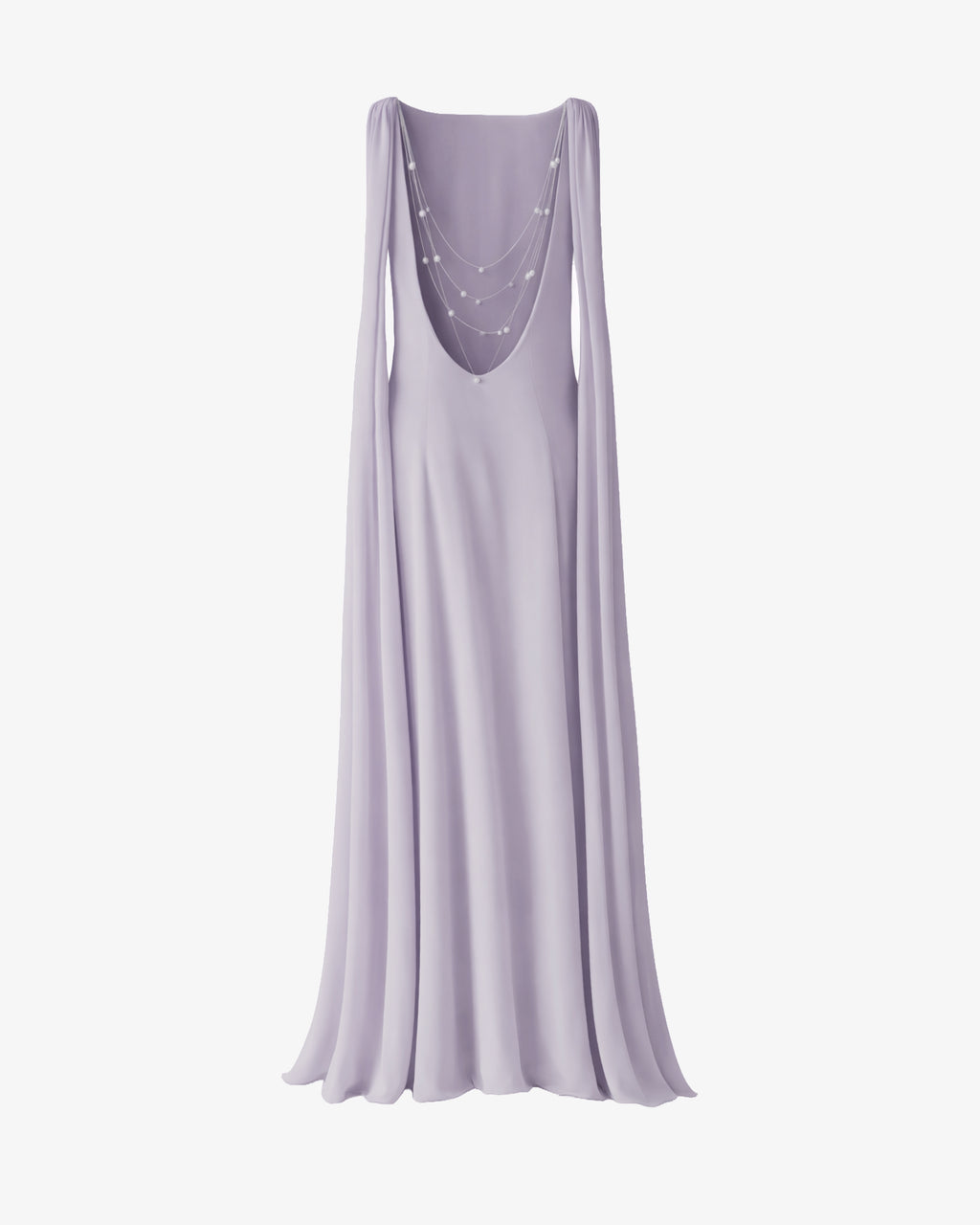 Abito lungo in georgette svasato con accessorio gioiello schiena