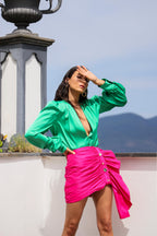 Gonna mini in taffetà maxi rouches e applicazione metalliche