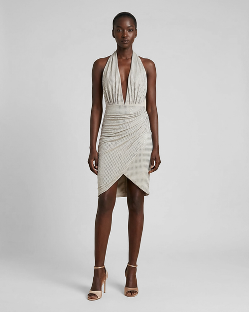 Abito corto con scollo all'americana e strass