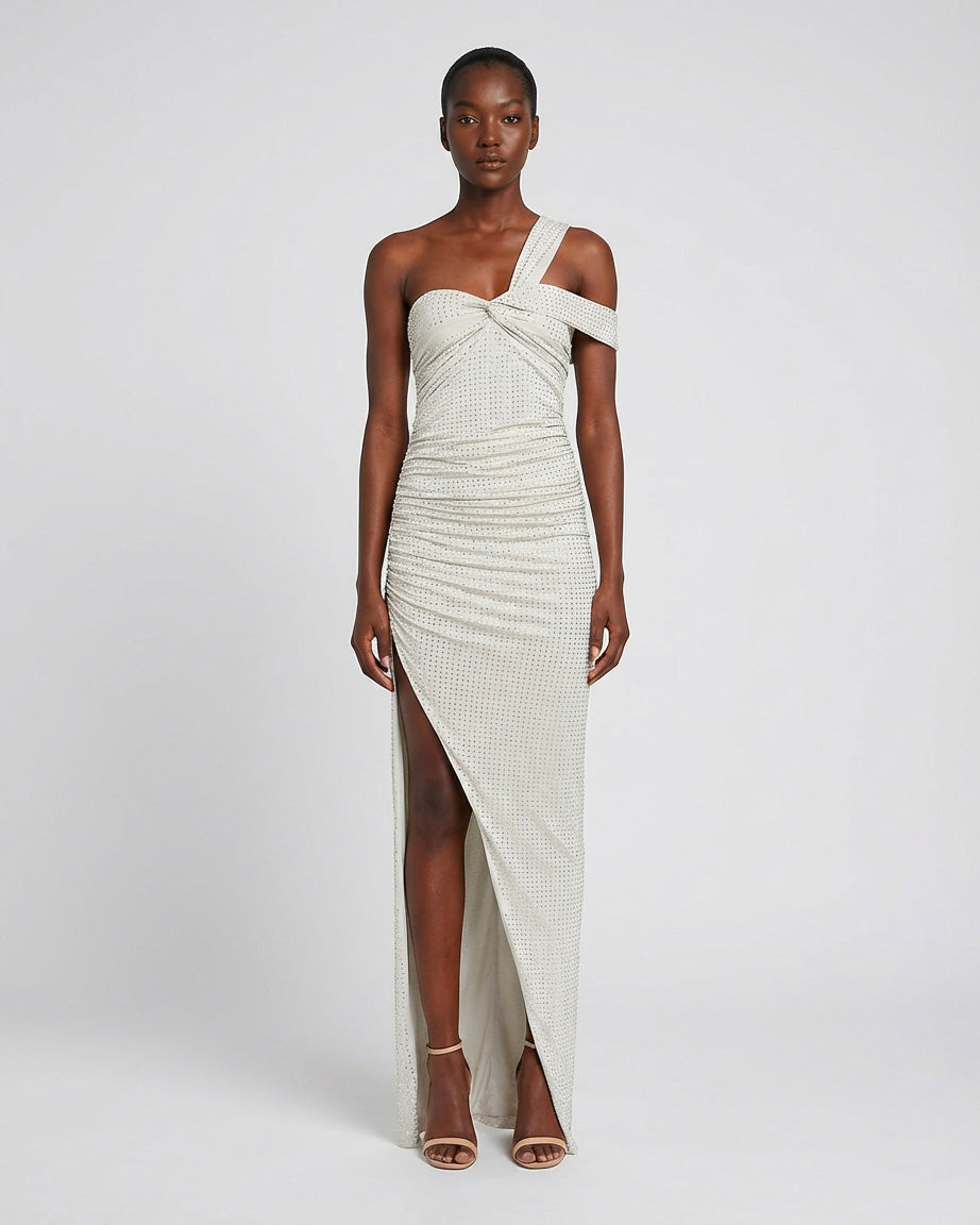 Abito lungo in jersey spacco profondo con strass