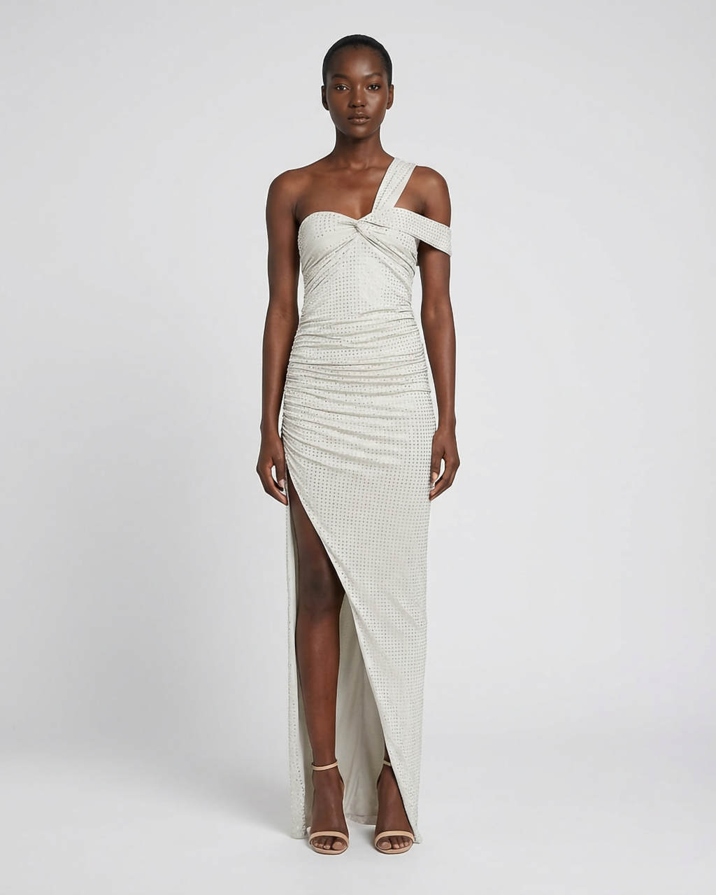 Abito lungo in jersey spacco profondo con strass