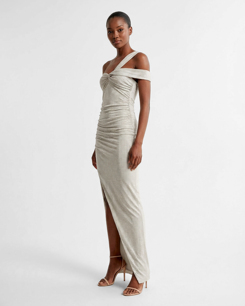 Abito lungo in jersey spacco profondo con strass