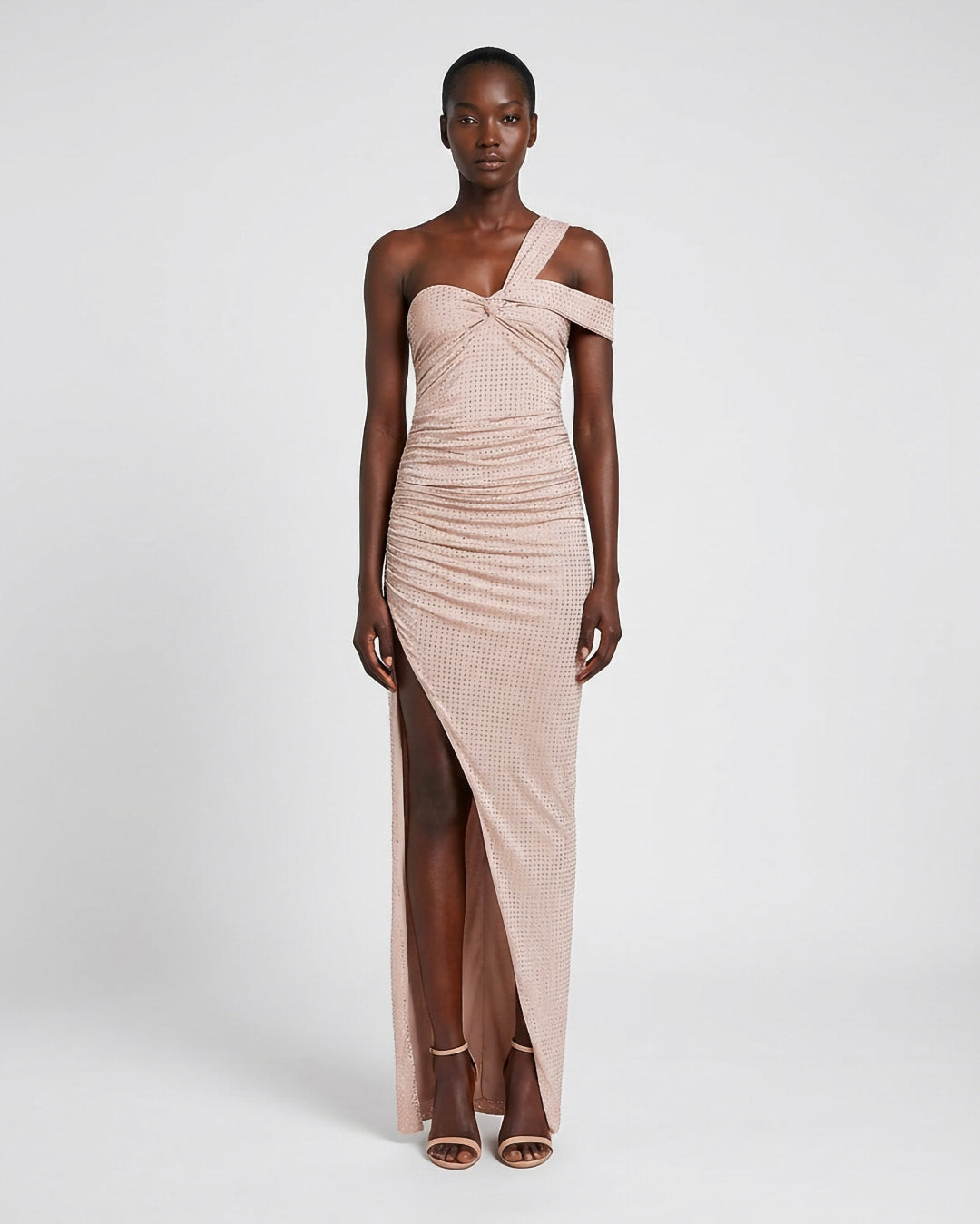 Abito lungo in jersey spacco profondo con strass