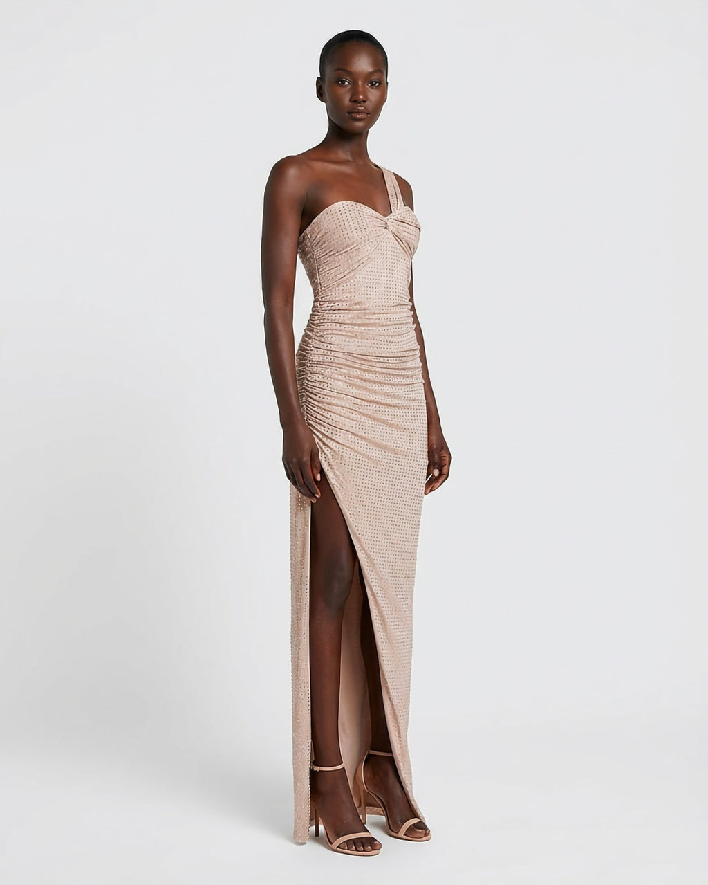 Abito lungo in jersey spacco profondo con strass