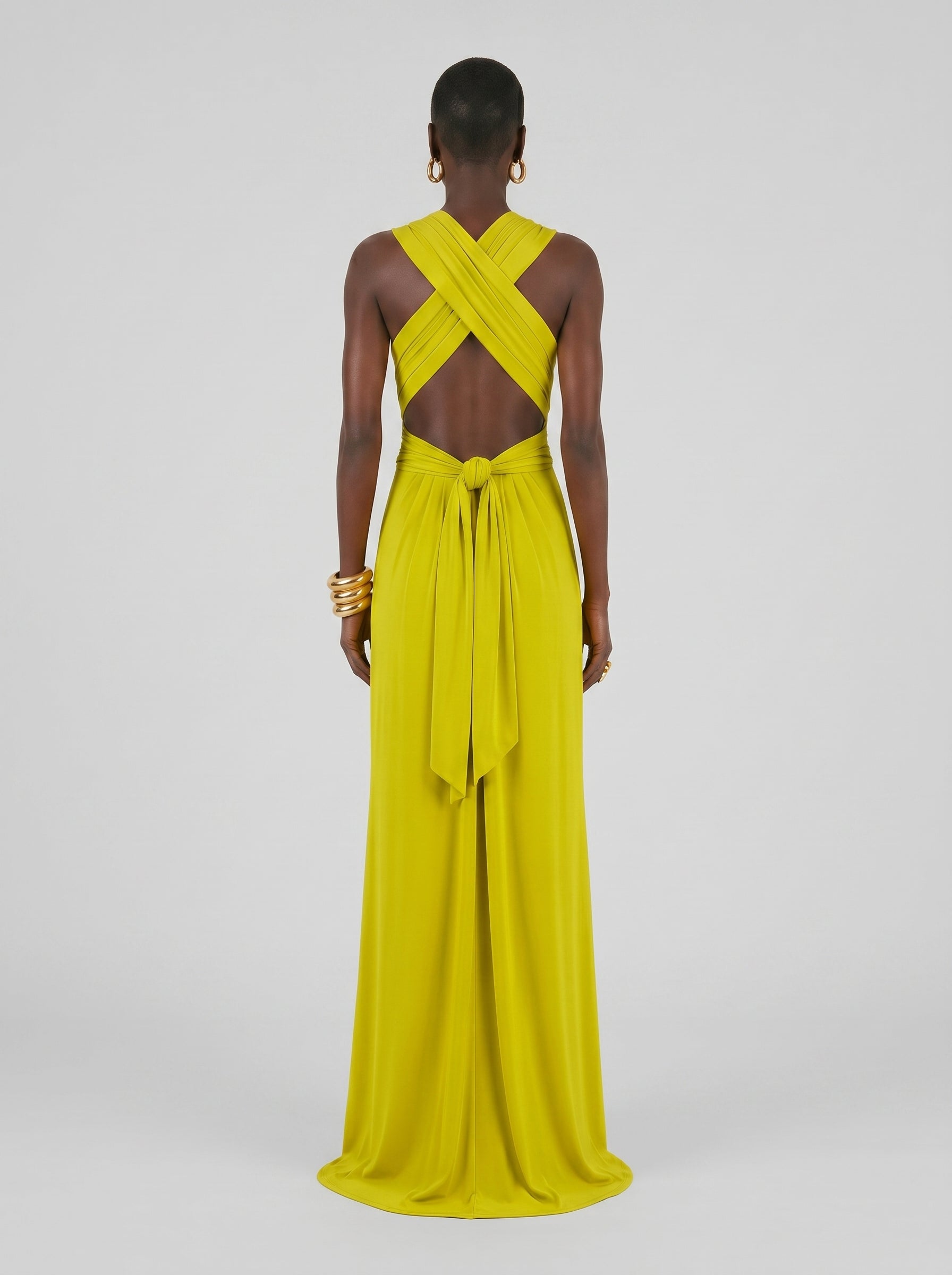 Long jersey dress with halter neckline