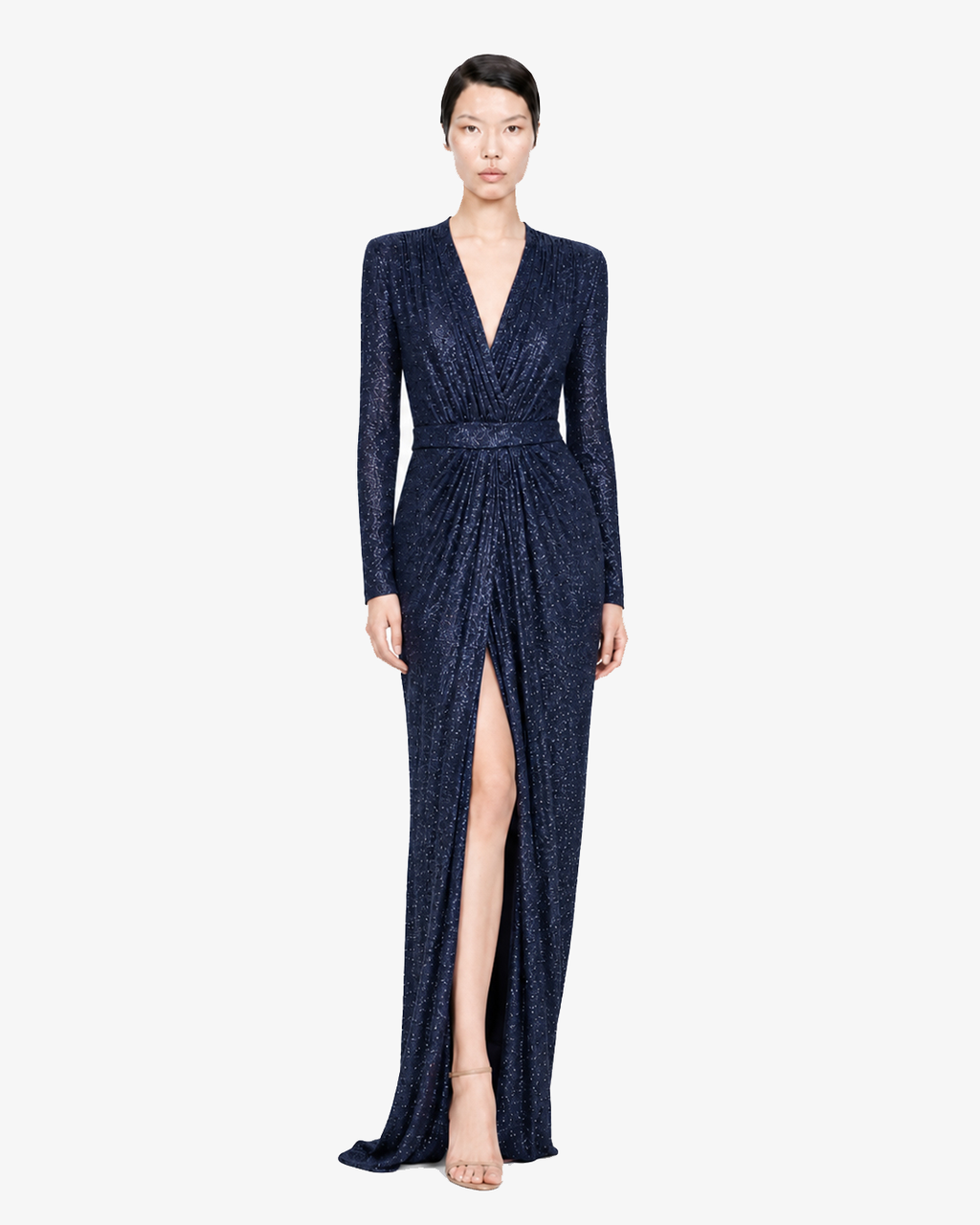 Abito lungo con scollo profondo in jersey e strass